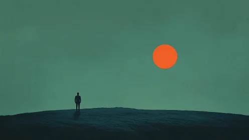 Silhouetted figure on ridge beneath large orange sun.