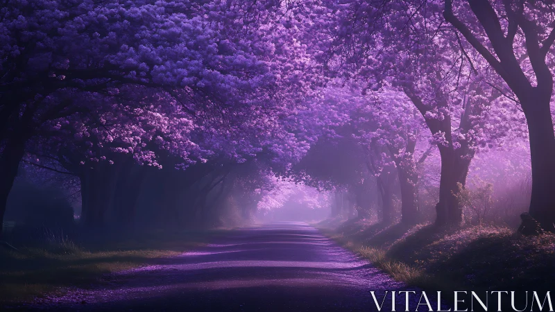 Spectral cherry blossom canopy over vanishing point roadway.
