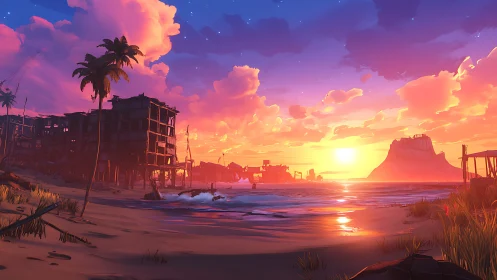 Sunset paints a quiet tropical shore in glowing pastel light