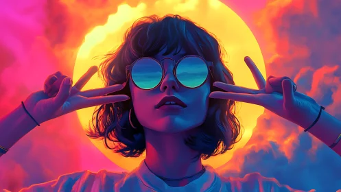 Neon sunset muse throws double peace signs at the sky