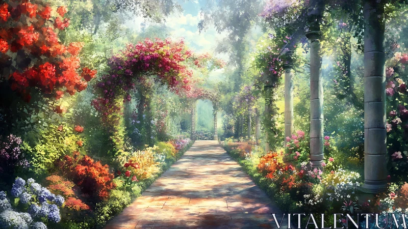 Sunlit floral colonnade with deep linear perspective and diffuse haze