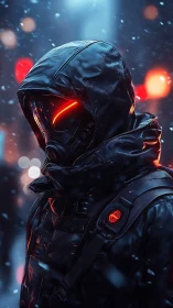 Hooded cybernetic operative stands in neon snowfall at night