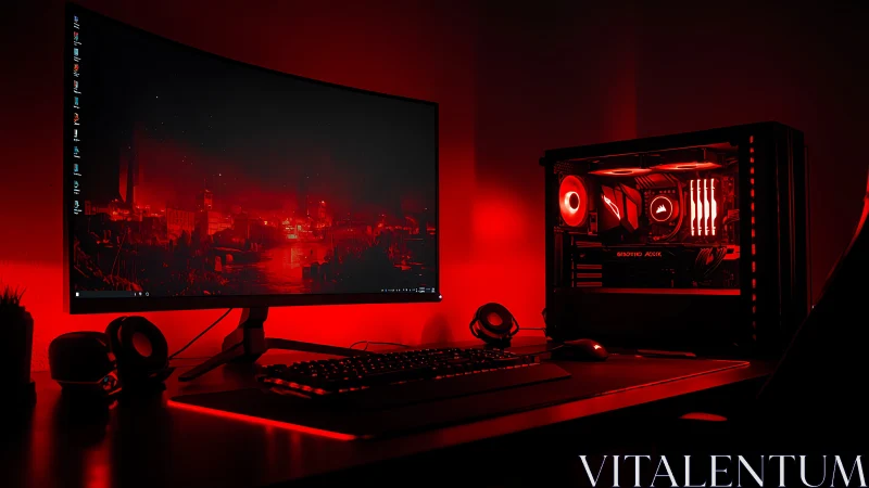 Curved monitor and gaming PC in red LED desktop setup.