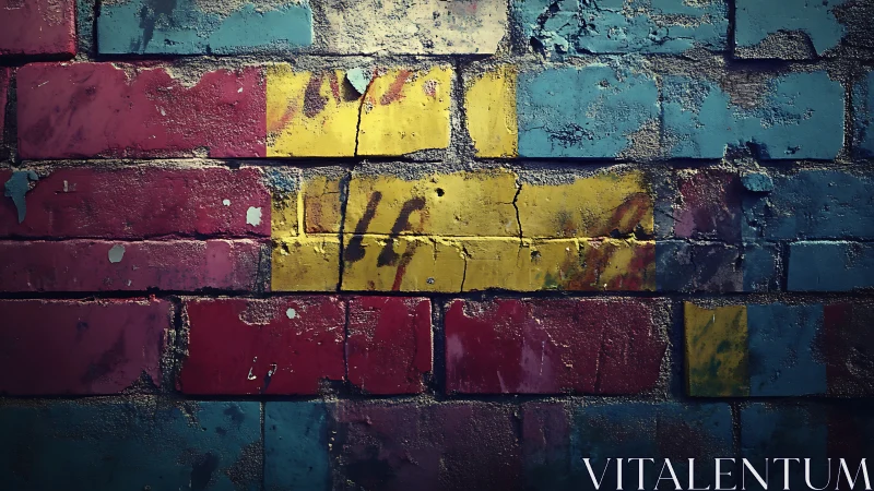 Weathered brick wall shows multicolored peeling paint layers