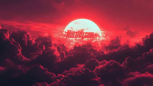 Crimson moonrise drifting through dreamy storm clouds.