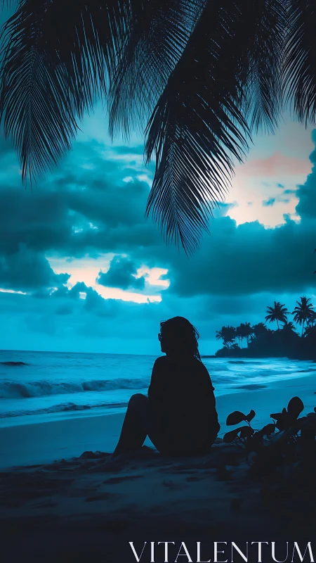 Silhouetted coastal observer under cyan-shifted palm canopy.