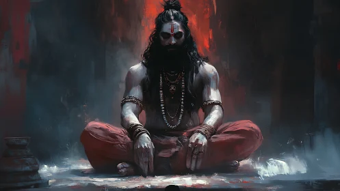 Seated ascetic figure is depicted in frontal symmetrical composition