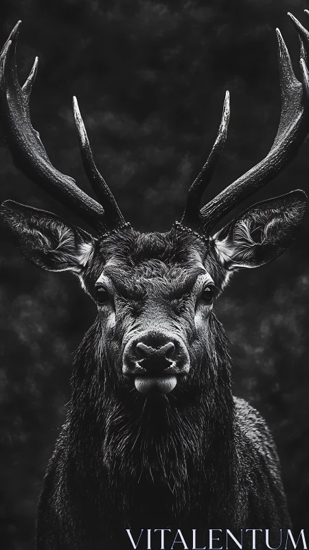 Stag portrait in dramatic monochrome wildlife close-up study.