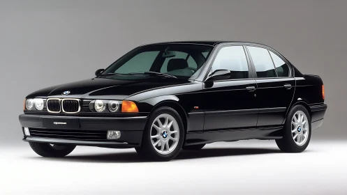 Black four-door sedan is positioned in controlled studio lighting