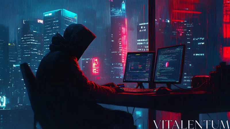 Hooded programmer at dual monitors in neon city office.