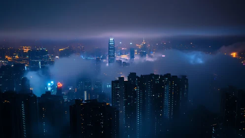 Nocturnal megacity skyline with volumetric fog stratification.