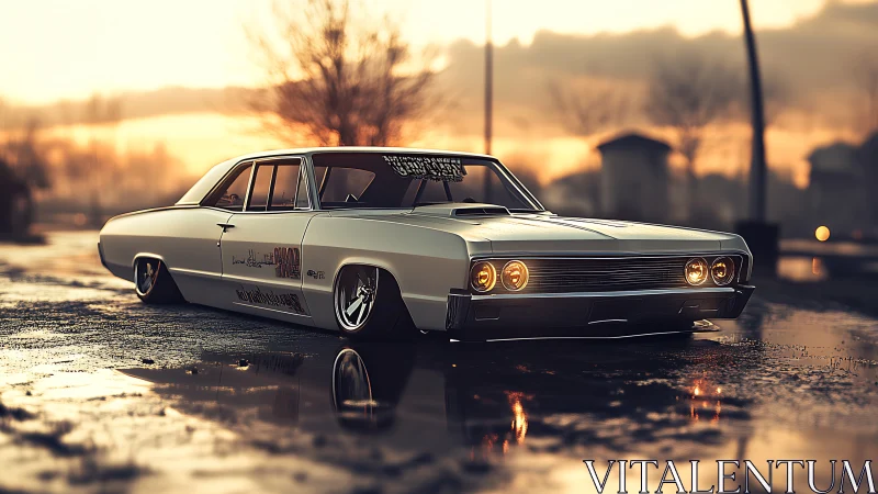 Low-slung classic muscle car glows warmly on a rainy street