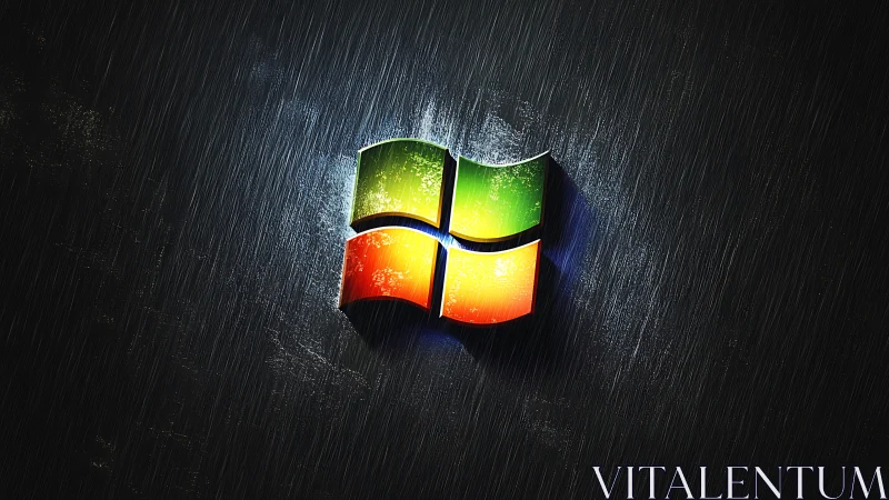 Glowing window logo shining through a rainy, dark night.