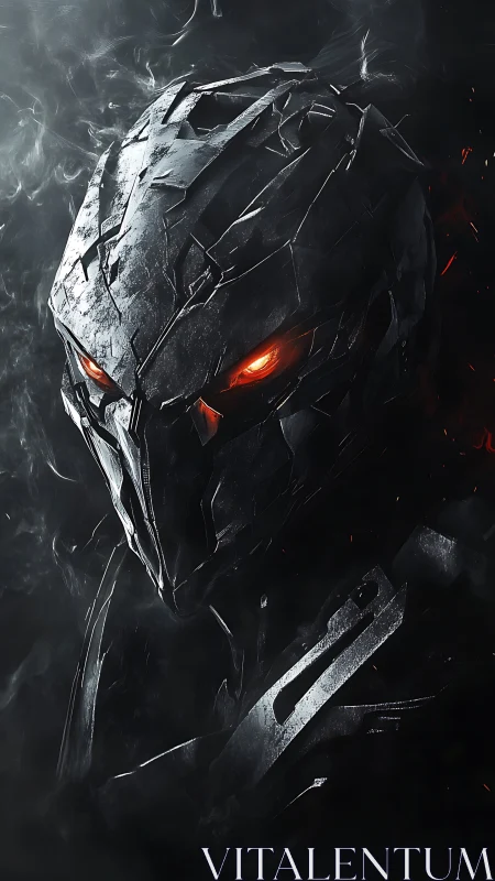 Smoldering armored sentinel with ember-bright gaze stands watch.