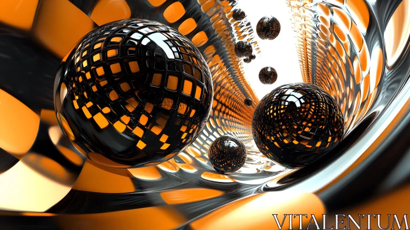 Geometric reflective spheres within an orange metallic tunnel.