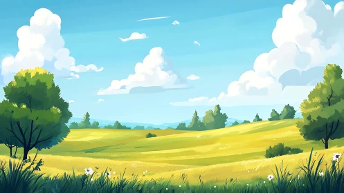 Illustrated summer meadow under cumulus clouds with layered depth cues
