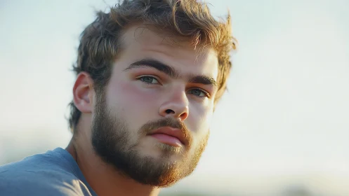Pensive bearded man in soft natural sunset portrait lighting.