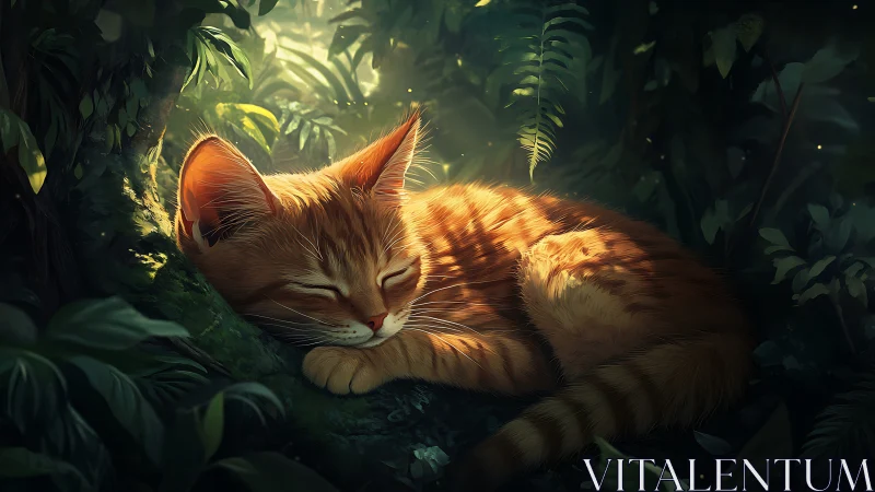Orange tabby cat rests on moss within dense foliage
