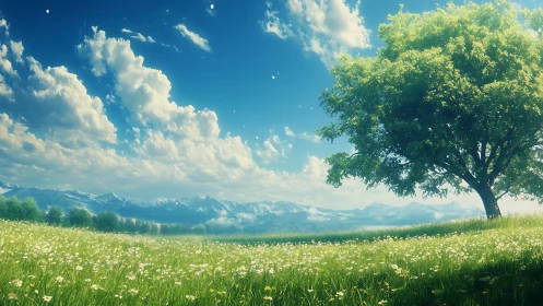 Sunlit meadow tree before distant snowcapped mountains.