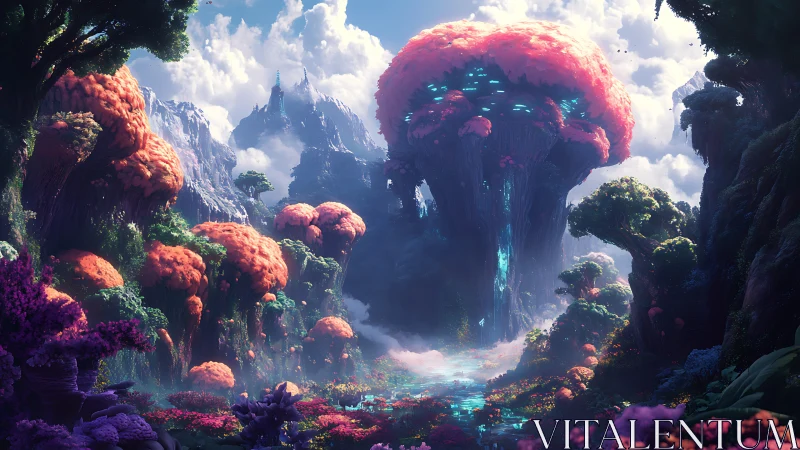 Bioluminescent alien forest valley with giant central tree.