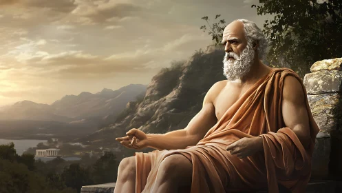 Elder philosopher in orange robe seated by rocky hillside.