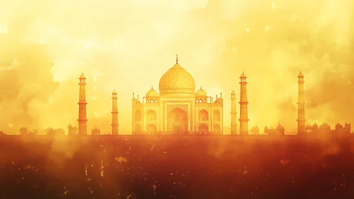 Taj Mahal rendered in warm golden digital art glow.