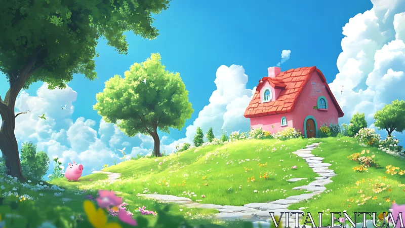 Sunny hilltop cottage and playful pink pig under blue skies.