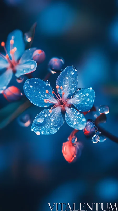 Bioluminescent Petals with Dewdrops: Macro Botanical Study.