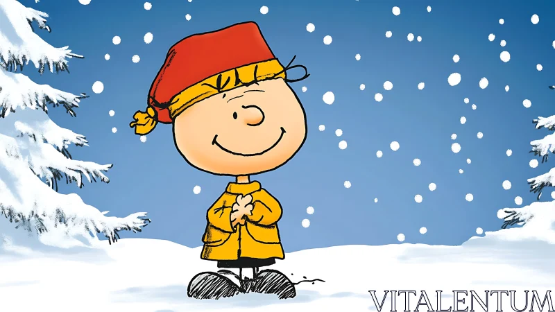Cartoon boy in winter snow wearing red hat and coat.