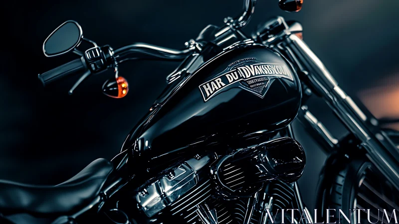 Close-up studio view of black cruiser style motorcycle.