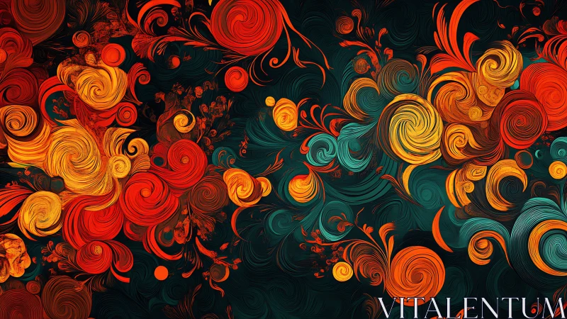 Vibrant swirling floral vortices in teal, orange and gold chaos