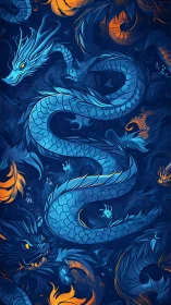 Blue serpentine dragons on dark background with orange accents.