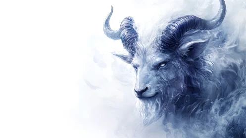 Glacial horned beast head rendered in swirling monochrome vapor