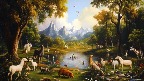 Gentle wild animals share a peaceful lake beneath tall peaks