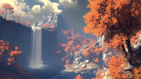 Golden autumn waterfall cascades into a serene misty gorge
