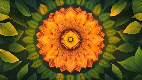 Orange geometric mandala over layered green leaf background.