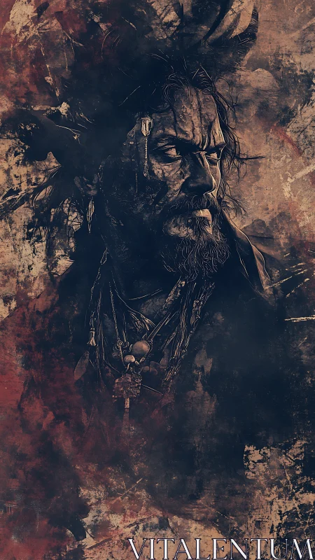 War-torn tribal warrior emerging from abstract shadows.