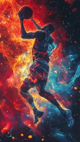 Electrifying basketball leap glowing with fire and energy.
