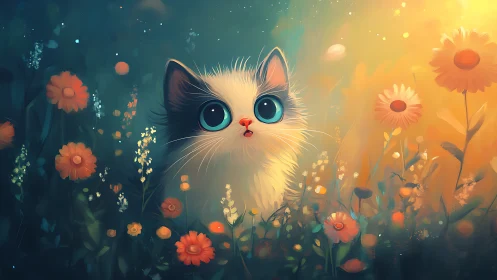 White cat with turquoise eyes surrounded by orange and yellow flowers
