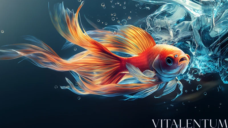 Goldfish comet streaks through liquid glass and swirling light