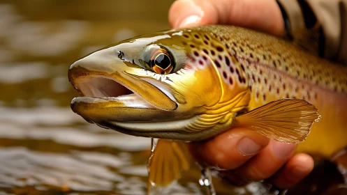 Macro close-up of wild brown trout in angler’s wet hand
