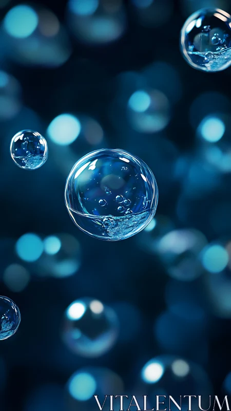 Translucent blue bubbles drift through deep bokeh space
