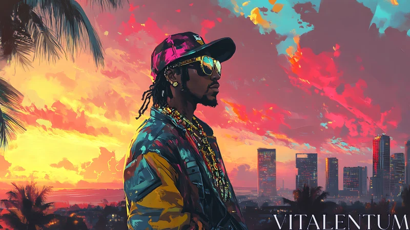 Urban sunset portrait with neon city skyline glow.