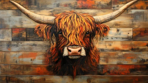Highland bull portrait on rustic plank backdrop painting.