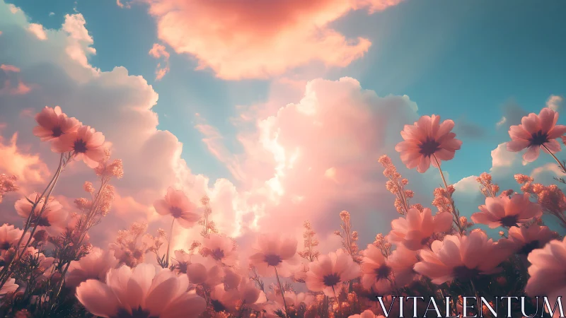 Pink Cosmos Flowers Against Dramatic Sky