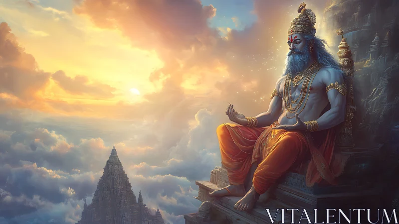 Celestial yogic sage in cloud top mandala architecture panorama.