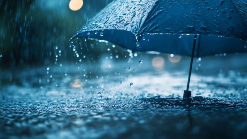 Midnight blue umbrella sheltering under heavy rainfall.