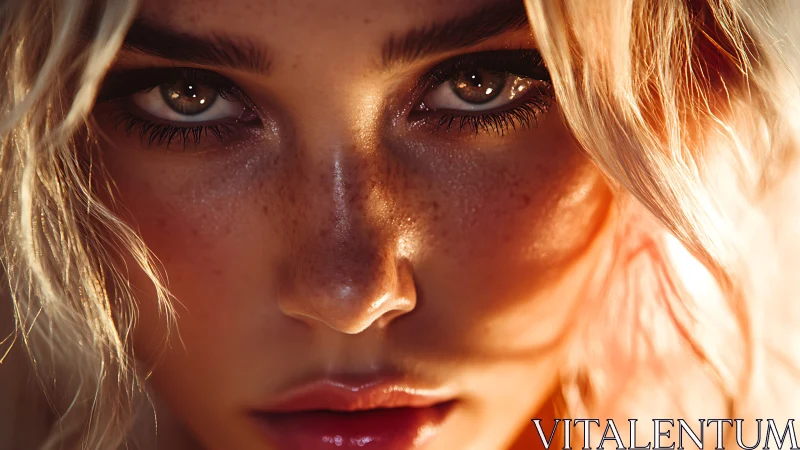 Close frontal portrait of freckled woman with blonde hair.