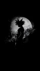 Backlit spiky-haired warrior silhouette against textured lunar halo