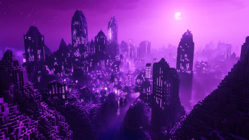 Voxel cyber city under neon violet alien twilight.